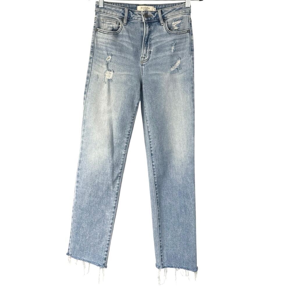 HIDDEN Straight Leg Jeans High Rise Distressed Raw Hem Size 26 Light Wash EUC